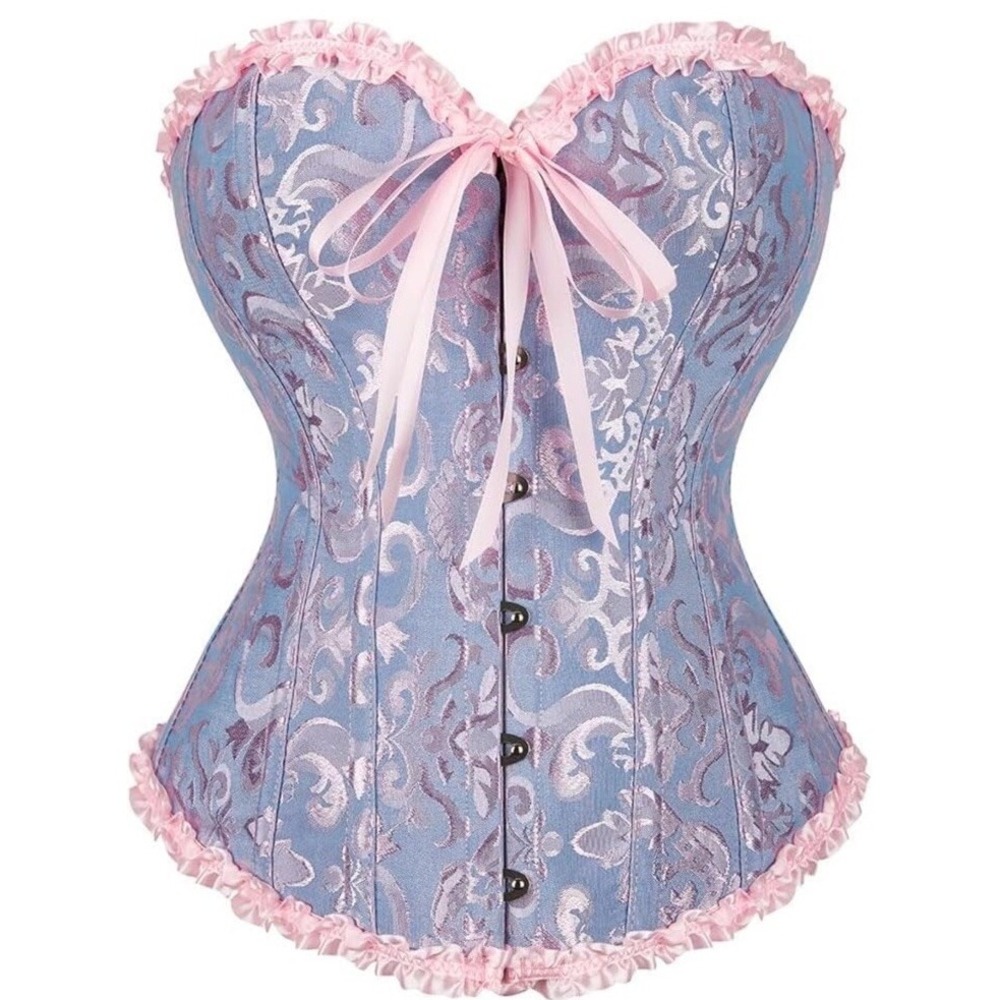 Womens Corset Top Medium Lavender Pink Brocade Bustier Lace Up Y2K Coquette